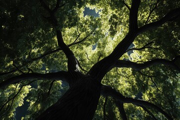 Naklejka premium Dark Silhouette Of An Old Ash tree With Fresh Green Crown Viewed Upwards