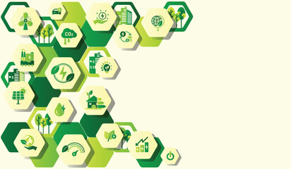 Renewable, green energy, energy efficiency and save energy web banner with icons. Eco house, Sustainable industrial factory. Energy efficient rating class, Green Building for Sustainable Development. © Deemerwha