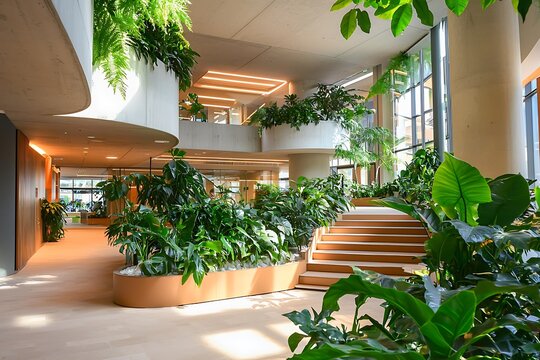 Modern office with sustainable architecture and indoor plants