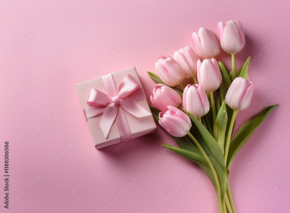 Poster A pale pink gift box with a satin ribbon sits beside a bouquet of light pink tulips on a matching pink background.  A lovely springtime scene.