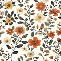 A vibrant floral pattern featuring orange and yellow flowers with green leaves.