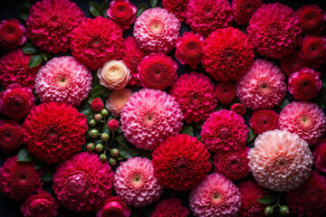 Peonies roses in red pink cream against dark background dense