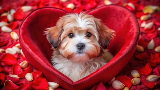 Adorable Havanese puppy snuggled up in a heart-shaped bed, surrounded by rose petals and candy , cute, valentines day