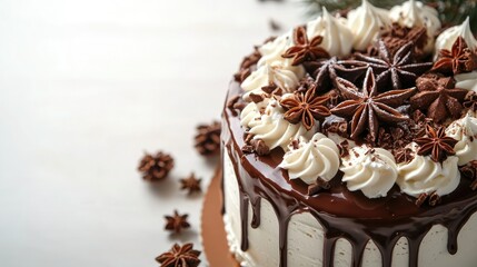 A beautifully decorated holiday cake with chocolate, cream, star anise, and pine cones on a clean background. Copy space available.