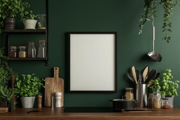Blank frame mockup in a stylish green kitchen with herbs and cooking utensils.