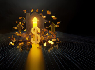 A golden dollar sign ascends on a radiant path, surrounded by exploding fragments of a golden house, symbolizing rising real estate values.