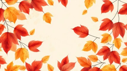 A Delicate Frame of Fall Leaves in Vibrant Hues of Red and Yellow on a Soft Beige Background