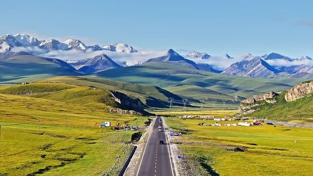 Country road through green grassland leading to distant mountains. Beautiful scenery along the Duku Highway in Xinjiang, China.