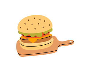 Burger on wooden board. Traditional American fast food. Vector illustration.