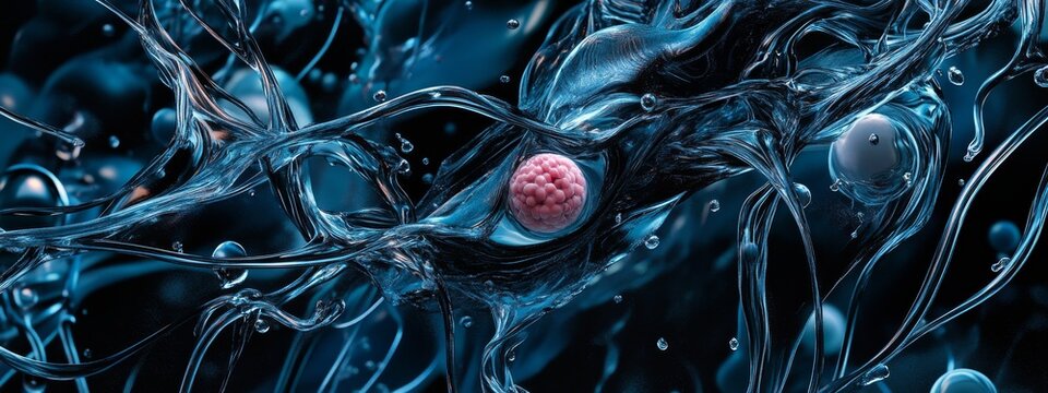 Abstract blue fluid swirling around a pink sphere.