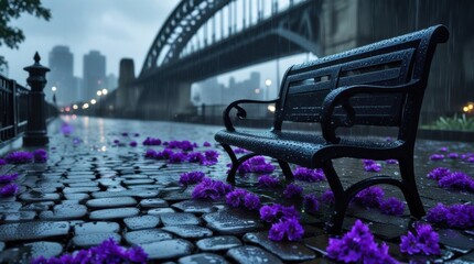 "A serene rainy evening in an urban setting, featuring a wet cobblestone pathway covered with scattered vibrant purple flowers. A black wrought-iron bench sits empty, glistening with raindrops...