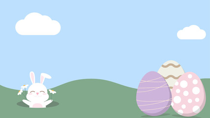 Happy Easter banner design with eggs, bunny, flower and bright sky in pastel colors. Illustration flat style.