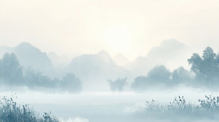 Fototapeta premium Foggy morning serenity, soft muted colors, mist drifting over tranquil fields, peaceful and calming atmosphere for relaxation and contemplation