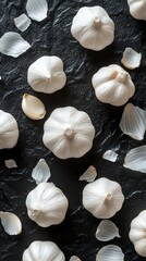 Fresh Garlic Bulbs on Dark Stone Background