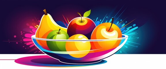 Vibrant digital art of fruit bowl with colorful splashes on dark background