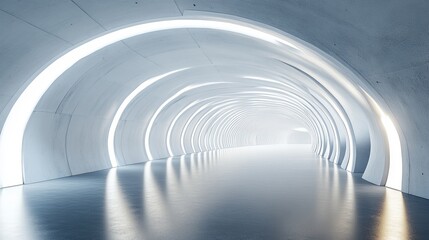 Fototapeta premium Futuristic illuminated tunnel with reflective floor.