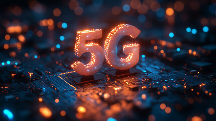 5G technology concept. The central element is a stylized '5G' logo, rendered in a glossy, light blue hue. 