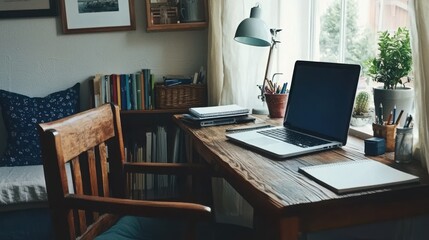 A well-organized desk setup for working from home, featuring a laptop, stationery, and a comfortable chair. 