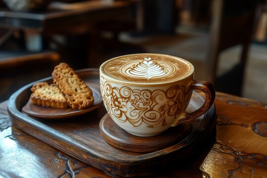A latte with intricate art served on a wooden tray with a side of biscotti on a caffa  table.