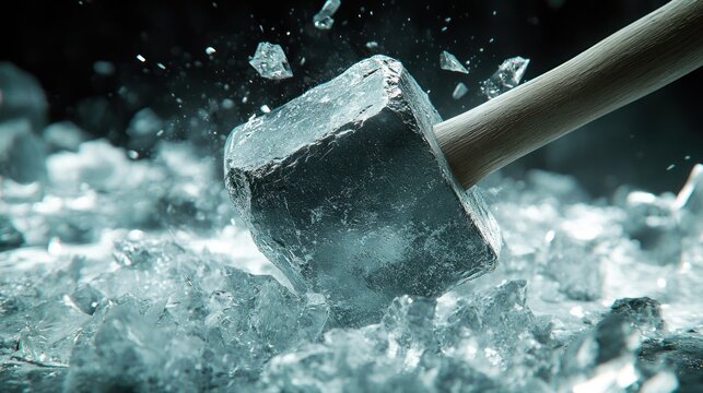 Ice hammer shattering ice on dark background.