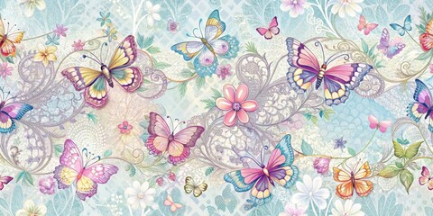 Delicate abstract seamless lace pattern with intricate floral motifs and colorful butterflies dancing amidst gentle wisps of petal-like shapes , abstract, butterflies
