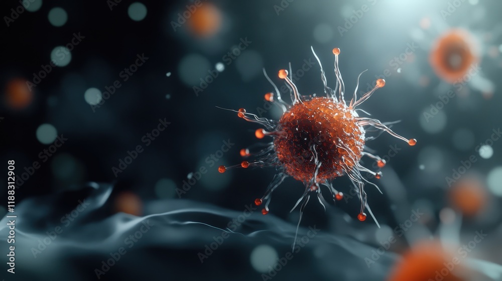 Poster Intricate Representation of a Virus with Surface Projections Illuminating in a Dark Environment, Capturing the Fascination of Microbiology and Cellular Structures