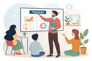 Modern classroom learning with engaged teacher and students in interactive lesson