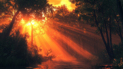 A lush forest at dawn, with rays of sunlight penetrating through the trees, symbolizing hope and renewal.