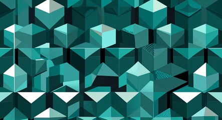 Geometric blocks arranged in an intricate mosaic pattern with shades of teal in teal illustration background