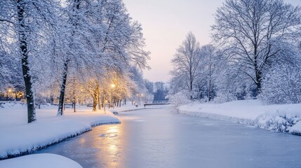 Serene Winter Haven, tranquil snowy landscape, snow-laden trees, frozen river, gentle light enhancing the peaceful ambiance