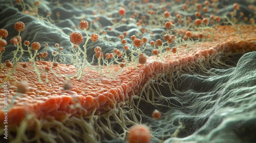 Poster Microscopic View of Microscopic Structures with Viral Particles and Cellular Membranes in a Science Concept of Infectious Agents and Pathogens