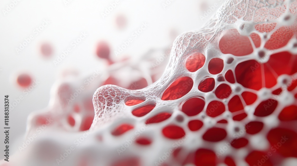 Poster abstract close-up of a porous white structure with red elements, representing blood cells and tissue