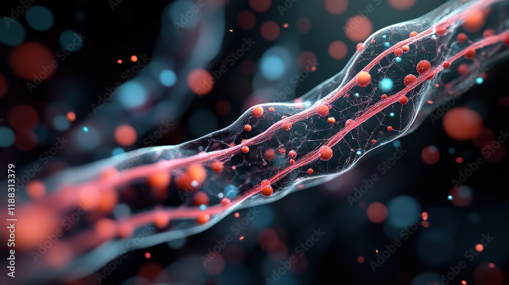 Poster abstract illustration of dynamic molecular structures with vivid particles representing scientific i