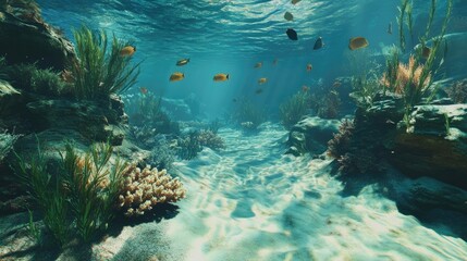 Fototapeta premium Serene underwater scene with schools of fish swimming through coral reefs under crystal-clear water.