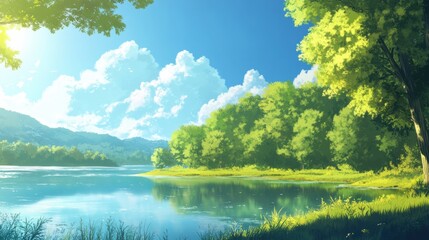 Fototapeta premium Tranquil Lakeside Serenity, a calm lake reflecting lush greenery under a vibrant blue sky, inviting relaxation and peace.