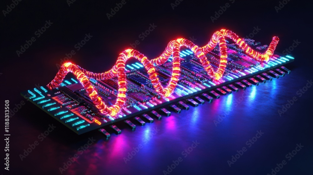 Poster futuristic circuit board with electric waves and neon lights, symbolizing technology transformation 