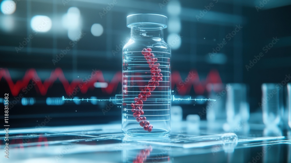 Poster glass vial containing a dna double helix strand illuminated in a modern laboratory showcasing advanc