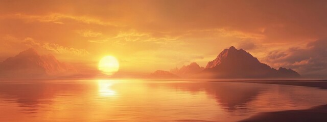 Fototapeta premium Serene Beach Sunset, tranquil scene with soft golden and orange hues reflecting on calm waters, perfect for relaxation and inspiration