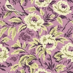 Floral pattern with peonies and a bird on a purple background.