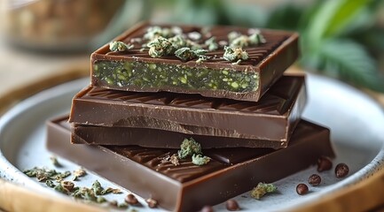 A close-up of a rich, dark chocolate bar studded with roasted nuts, perfect for an afternoon coffee or a decadent dessert