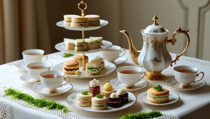 Fototapeta premium Elegant Afternoon Tea Service with Delicate Pastries and Golden Accents