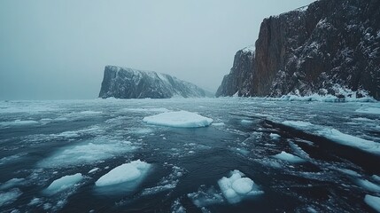 Icy sea with cliffs, snowy landscape, winter storm.