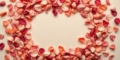 Obraz premium A romantic frame of delicate rose petals, arranged in a circular pattern on a light pink background, creating a blank canvas for a heartfelt message.