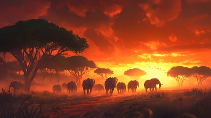 Obraz premium Elephants Silhouetted Against a Fiery African Sunset