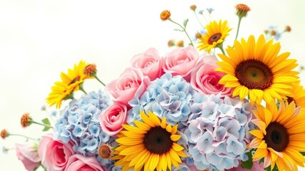 A captivating bouquet of pink roses, vibrant sunflowers, and delicate blue hydrangeas, arranged in a harmonious display of summer colors.