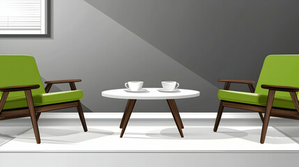 Modern green chairs, coffee cups, small table, minimalist room, meeting