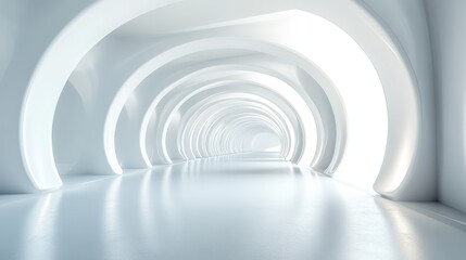 Abstract white tunnel with glowing light and reflective floor.