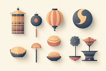 A minimalist design set of Mid-Autumn Festival icons, featuring the moon, mooncakes, and decorative lanterns, perfect for festival graphics and illustrations.