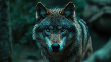 Majestic wolf in dark forest, piercing blue eyes, captivating and mysterious atmosphere, nature's wild elegance, striking visual impact