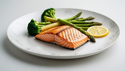Perfectly Grilled Salmon with Fresh Asparagus Broccoli and Lemon Ready to be Served